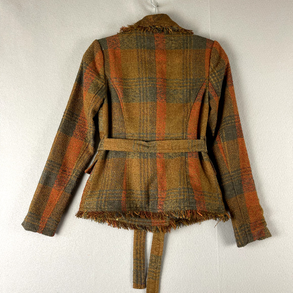 Anthropologie Cartonnier Plaid Wrap Blazer Women 0 Brown Fringe Tweed Fall - Picture 14 of 16